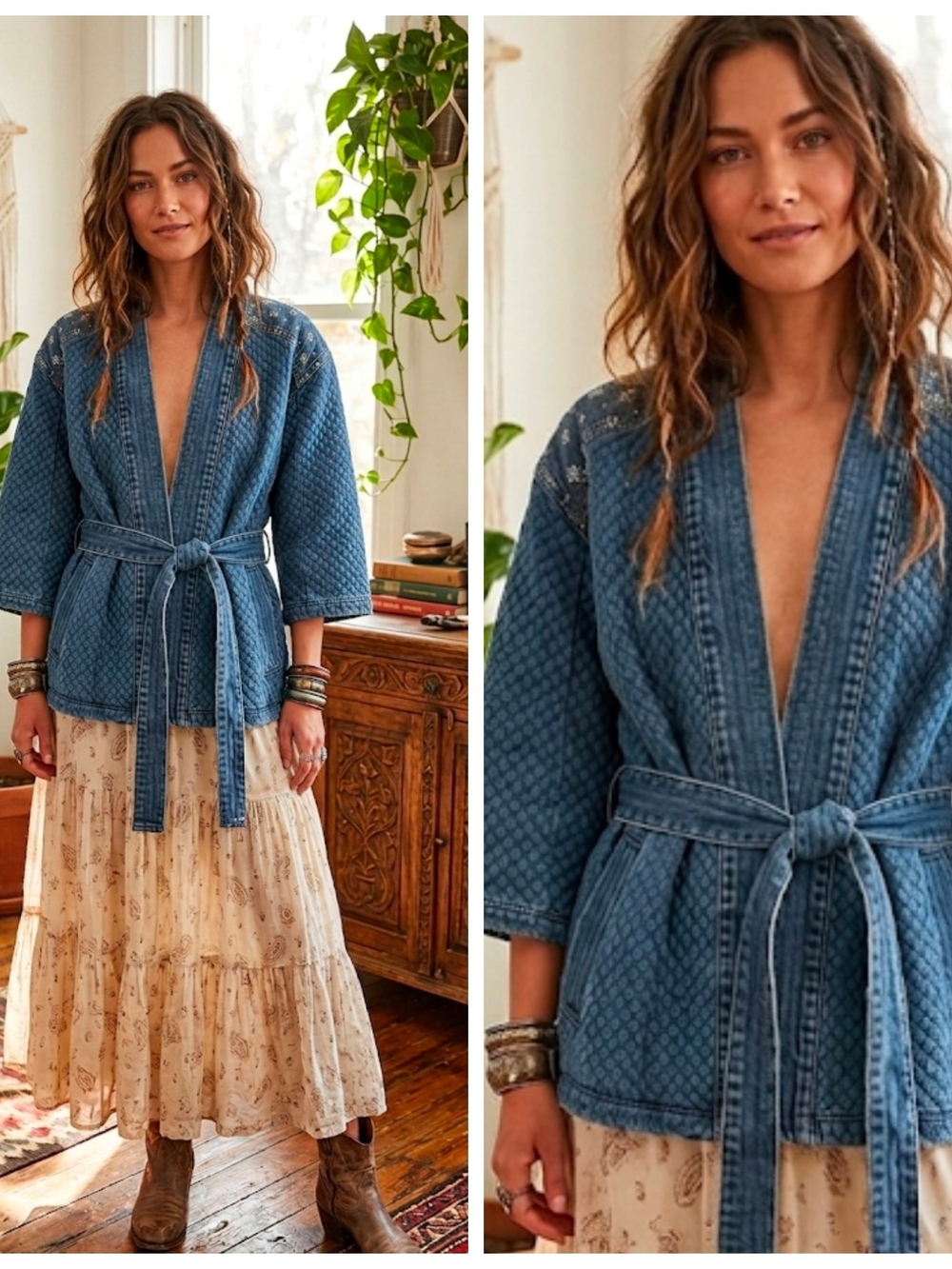 Quilted Denim-Effect Blue Kimono Jacket with Self-Tie Belt